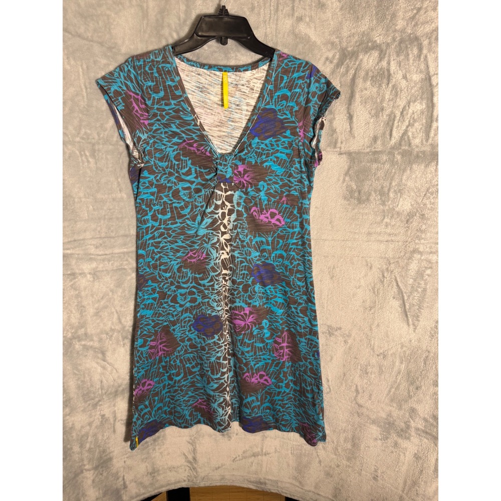 Lole Organic Cotton Mini Dress Blue Purple Floral V-Neck Short Sleeve Size L